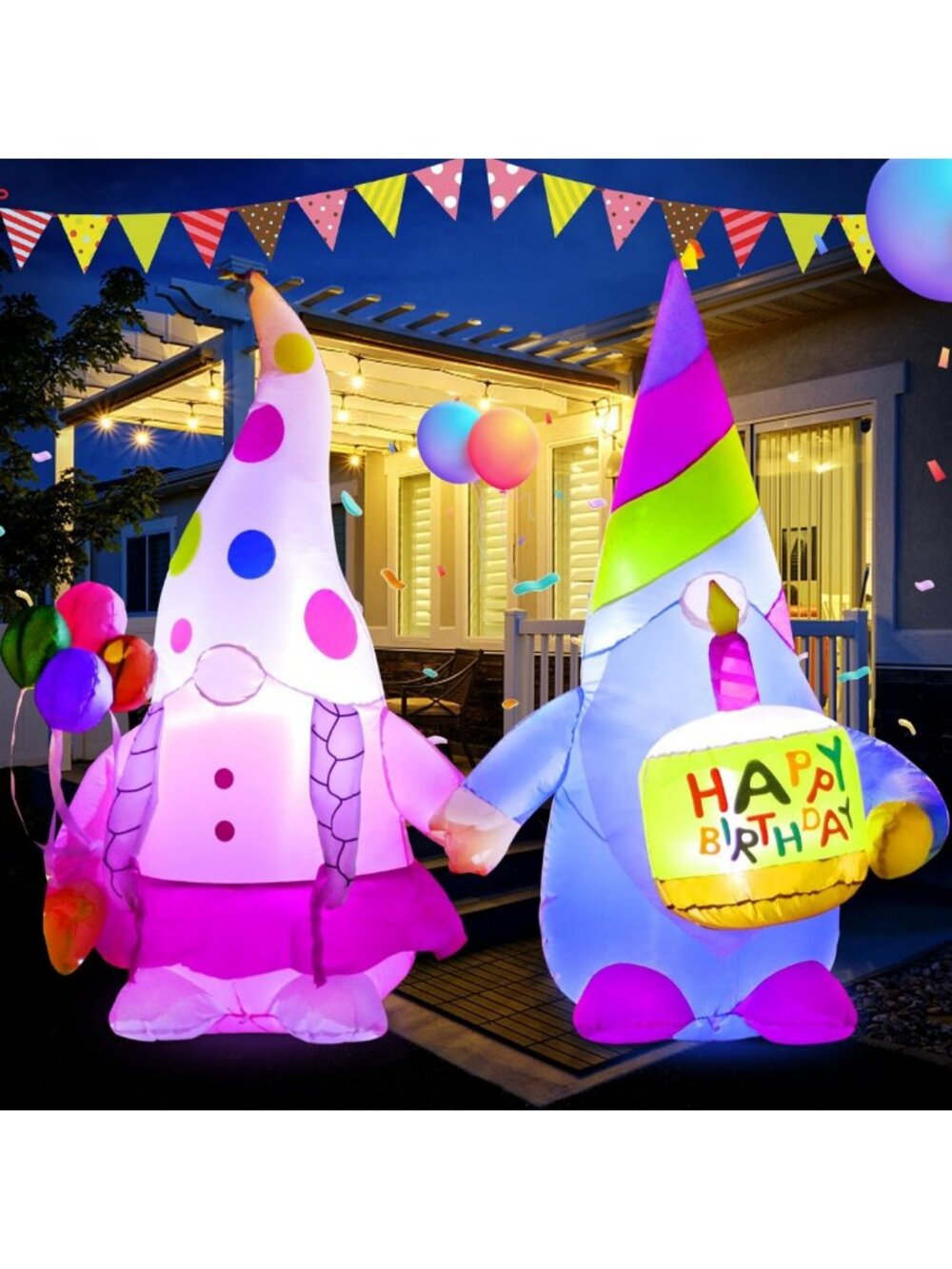 5FT Inflatable Gnome Birthday Cake Decoration with LED Lights for Indoor/Outdoor